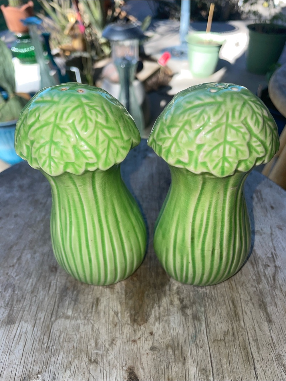 Vintage celery Japan Green Ceramic Mushroom Salt and Pepper Shakers - MCM